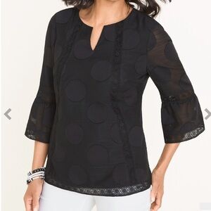 Chico’s Black Dot Textured Lace-Trim Blouse Size 12/14